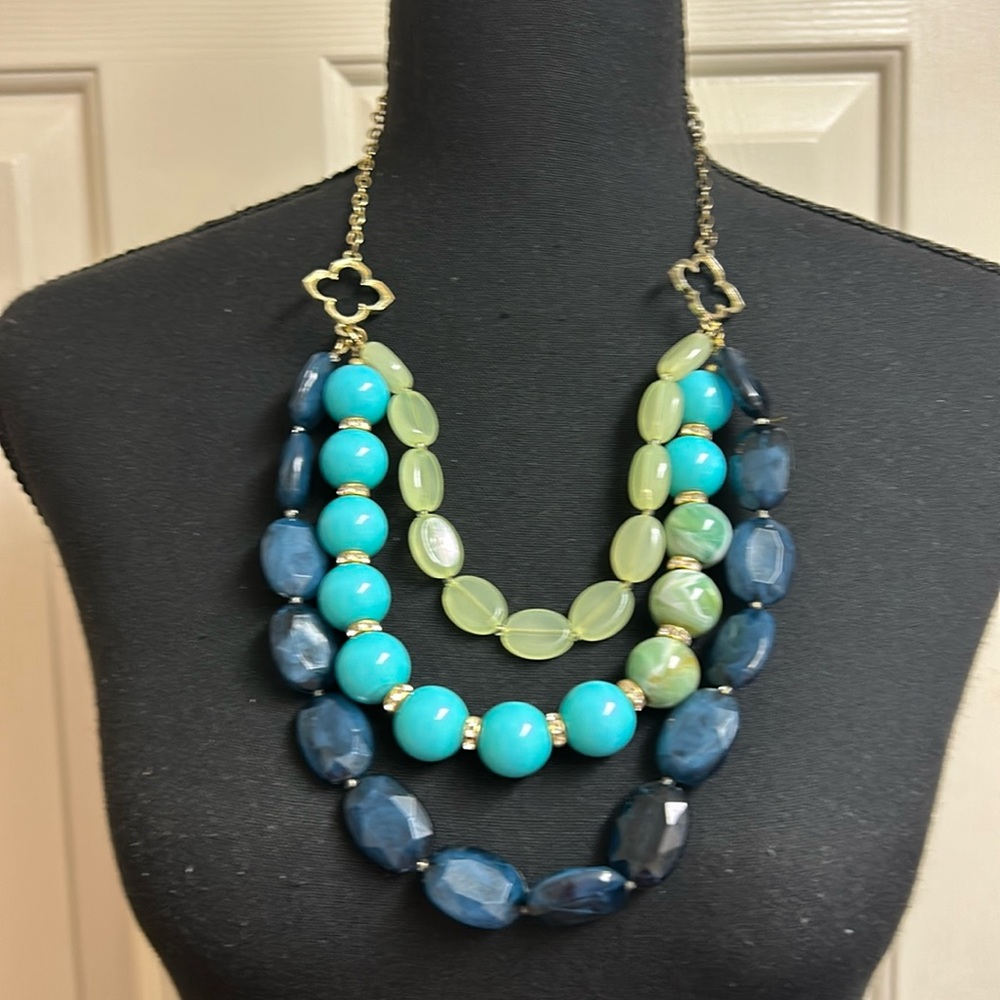 Simple Addiction Three Layer necklace, Dark Blue, Teal and Green with Go…